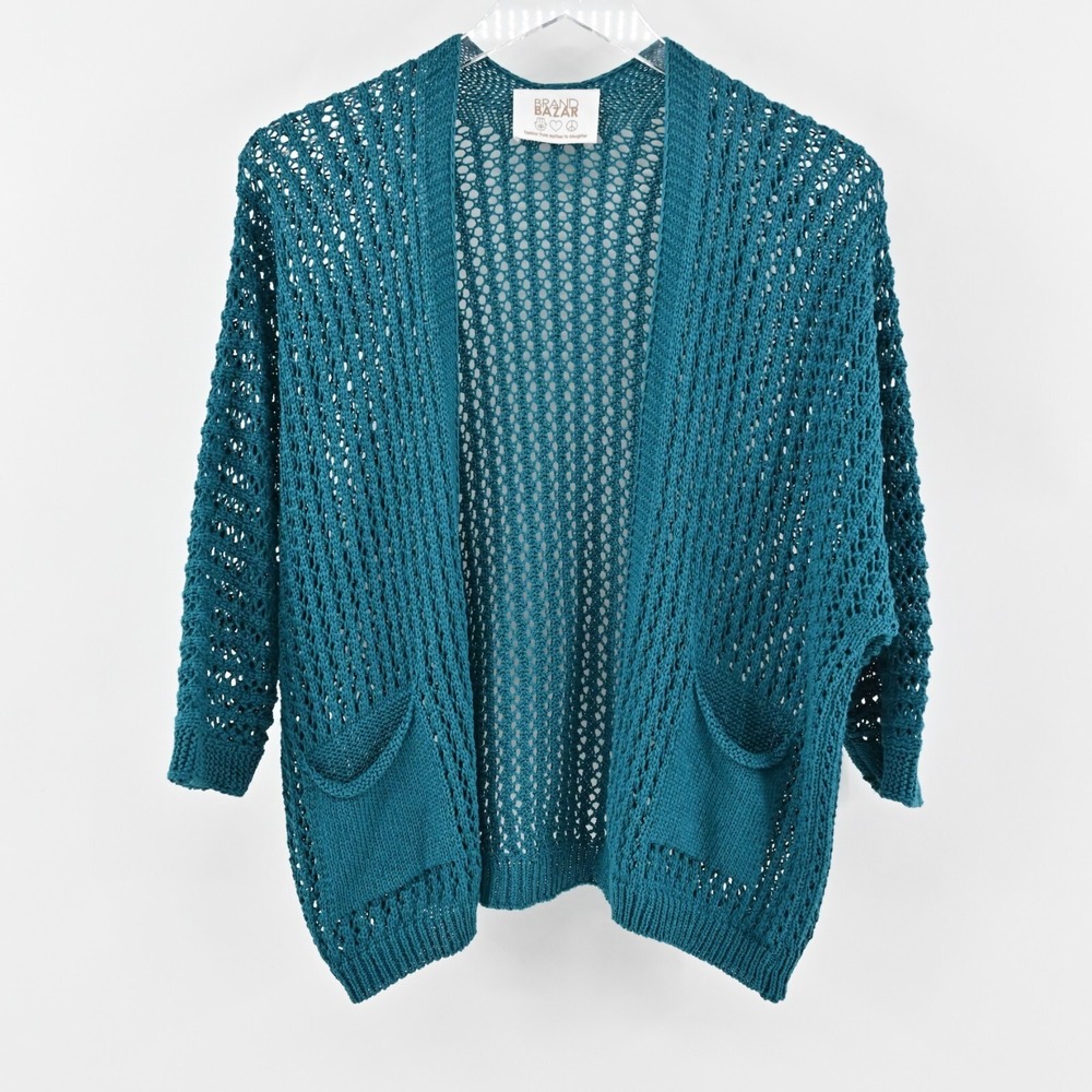 BRAND BAZAR Cardigan Sweater Womens Sz‎ L Crochet Blue Open Knit Quarter Sleeve